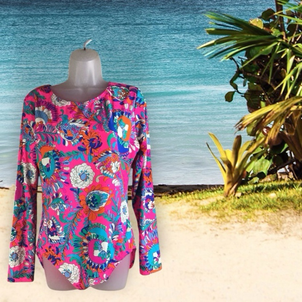 Kate Spade Radiant Pink Sea Garden Swimsuit Rash Guard Long Sleeve Back Zip XL